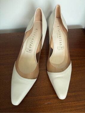 Hispanitas Cream Pointed Toe Pumps with Clear Side Panels